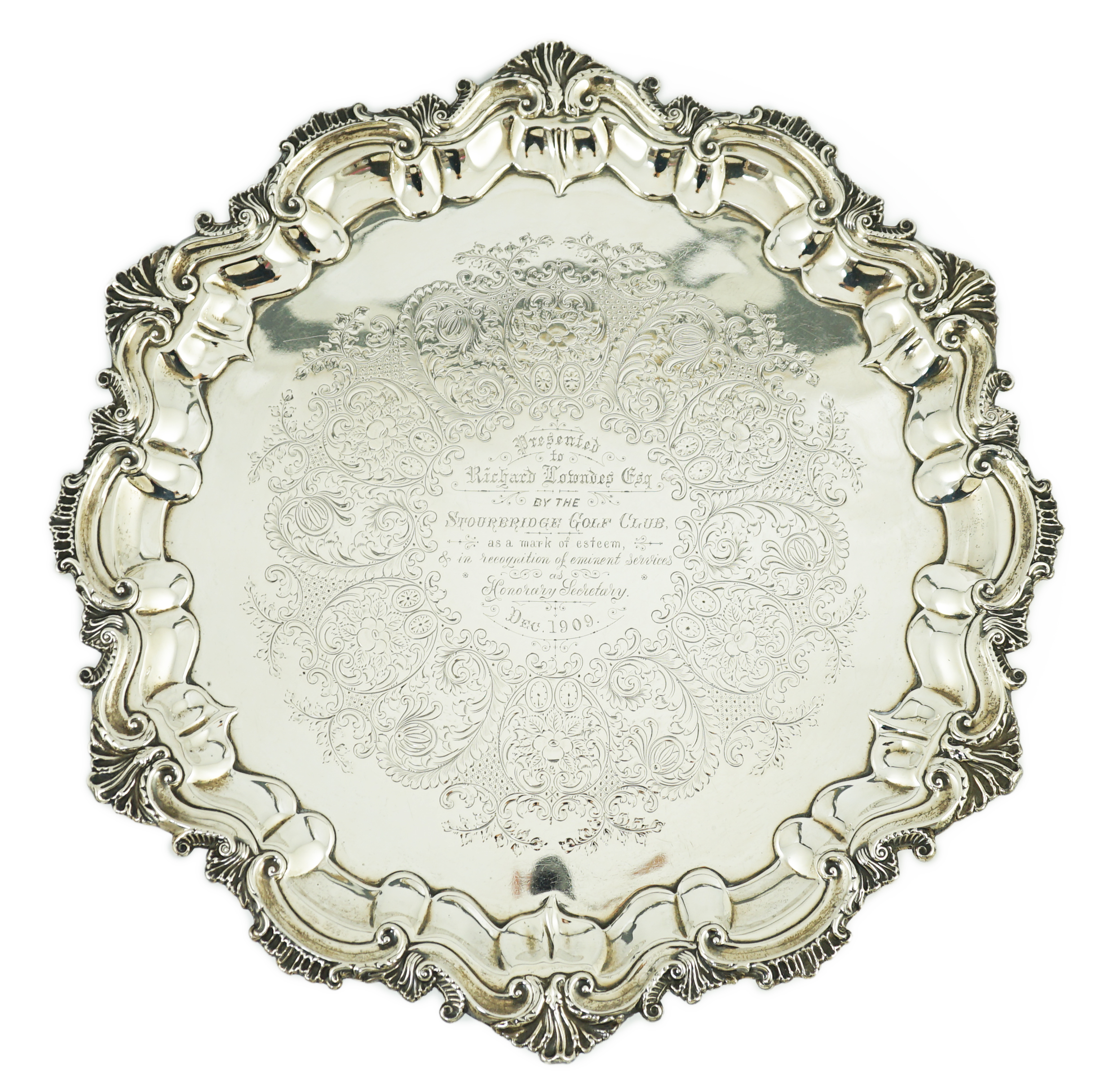 An Edwardian silver salver, by Barker Brothers, with engraved inscription relating to the Stourbridge Golf Club